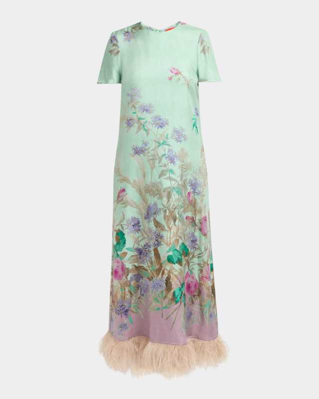 Floral Feather-Trim Maxi Swing Dress